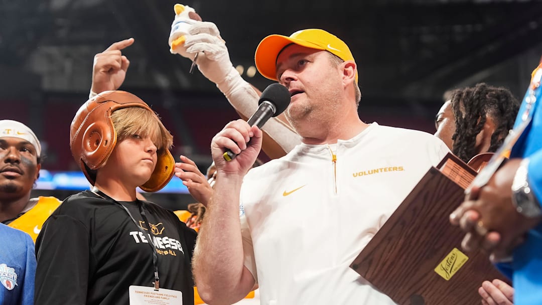 Tennessee head coach Josh Heupel speaks after the Aflac Kickoff Game between the Volunteers and Syracuse held at Mercedes-Benz Stadium in Atlanta, Ga., on August 30, 2025.