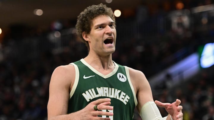 Apr 3, 2024; Milwaukee, Wisconsin, USA; Milwaukee Bucks center Brook Lopez (11) reacts in the second quarter against the Memphis Grizzlies at Fiserv Forum. Mandatory Credit: Benny Sieu-USA TODAY Sports