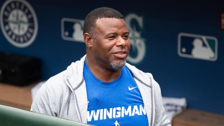 Former Seattle Mariner Ken Griffey Jr. in the Mariners dugout prior to the game between the Seattle Mariners and the Cleveland Guardians at T-Mobile Park in 2022.