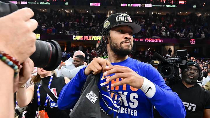 May 25, 2026; Cleveland, Ohio, USA; New York Knicks guard Jalen Brunson (11) looks on after defeating the Cleveland Cavaliers in game four of the eastern conference finals for the 2026 NBA playoffs at Rocket Arena. Mandatory Credit: Ken Blaze-Imagn Images