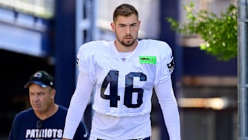 Aug 2, 2023; Foxborough, MA, USA; New England Patriots long snapper Tucker Addington (46) heads to the practice fields at Gillette Stadium.
