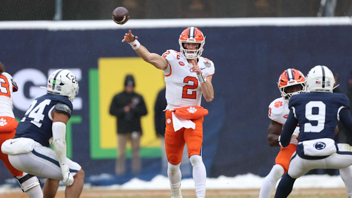 Clemson Tigers quarterback Cade Klubnik (2) throws the ball during the first half of the 2025 Pinstripe Bowl against the Penn State Nittany Lions at Yankee Stadium. Mandatory Credit: Vincent Carchietta-Imagn Images