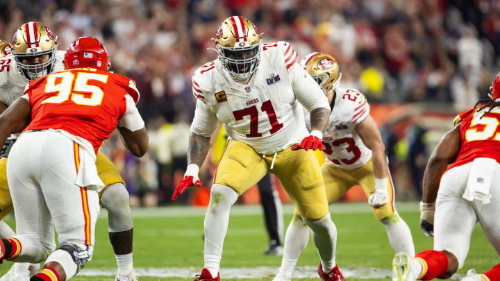 Feb 11, 2024; Paradise, Nevada, USA; San Francisco 49ers defensive end Trent Williams (71) against the Kansas City Chiefs in Super Bowl LVIII at Allegiant Stadium. Mandatory Credit: Mark J. Rebilas-USA TODAY Sports