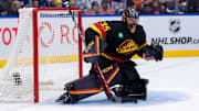 Jan 18, 2025; Vancouver, British Columbia, CAN; Vancouver Canucks goalie Thatcher Demko (35) in the net against the Edmonton Oilers in the first period at Rogers Arena. Mandatory Credit: Bob Frid-Imagn Images
