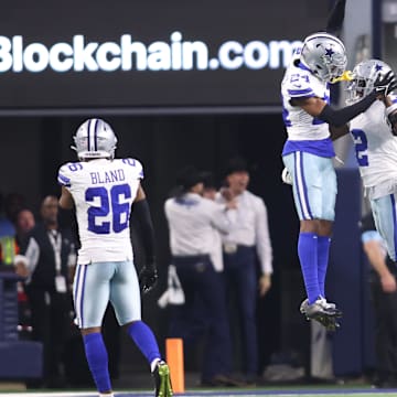Dallas Cowboys cornerback Jourdan Lewis celebrates after an interception against the Tampa Bay Buccaneers.