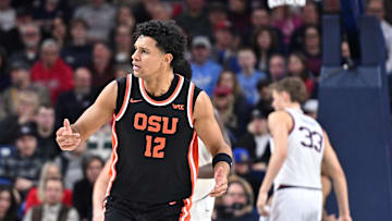 Jan 28, 2025; Spokane, Washington, USA; Oregon State Beavers forward Michael Rataj (12) reacts after a play against the Gonzaga Bulldogs in the second half at McCarthey Athletic Center. Mandatory Credit: James Snook-Imagn Images