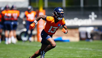 May 10, 2025; Englewood, CO, USA; Denver Broncos wide receiver Pat Bryant (13) during rookie minicamp at Broncos Park Powered by CommonSpirit. Mandatory Credit: Ron Chenoy-Imagn Images