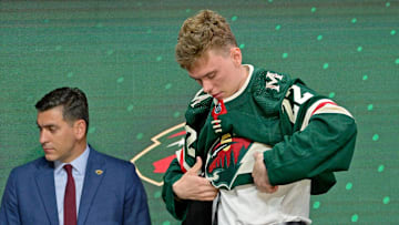 Jul 7, 2022; Montreal, Quebec, CANADA; Danila Yurov after being selected as the number twenty-four overall pick to the Minnesota Wild in the first round of the 2022 NHL Draft at Bell Centre. Mandatory Credit: Eric Bolte-Imagn Images
