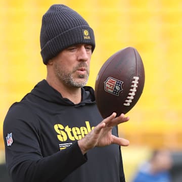 Nov 2, 2025; Pittsburgh, Pennsylvania, USA;  Pittsburgh Steelers quarterback Aaron Rodgers (8) warms up before the game against the Indianapolis Colts at Acrisure Stadium. Mandatory Credit: Charles LeClaire-Imagn Images