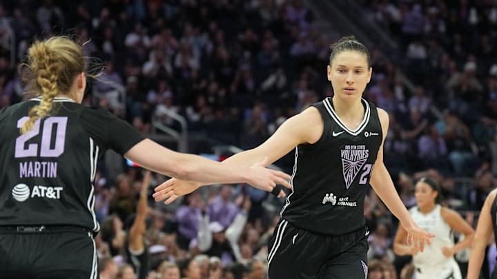Golden State Valkyries guard Kate Martin (20) is congratulated by forward Cecilia Zandalasini (right) after making a three point basket against the Las Vegas Aces during the fourth quarter at Chase Center. Golden State Valkyries guard Kate Martin (20) is congratulated by forward Cecilia Zandalasini (right) after making a three point basket against the Las Vegas Aces during the fourth quarter at Chase Center.