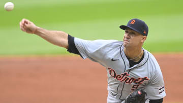 May 6, 2024; Cleveland, Ohio, USA; Detroit Tigers starting pitcher Jack Flaherty (9) delivers a pitch in the first inning against the Cleveland Guardians at Progressive Field.