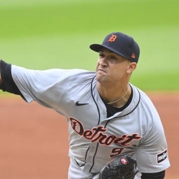 May 6, 2024; Cleveland, Ohio, USA; Detroit Tigers starting pitcher Jack Flaherty (9) delivers a pitch in the first inning against the Cleveland Guardians at Progressive Field.