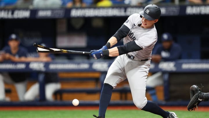 Jul 10, 2024; St. Petersburg, Florida, USA;  New York Yankees first baseman Ben Rice (93) breaks his bat on a ground ball against the Tampa Bay Rays in the first inning at Tropicana Field. Mandatory Credit: Nathan Ray Seebeck-USA TODAY Sports