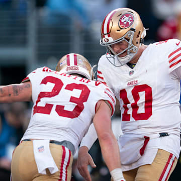 San Francisco 49ers quarterback Mac Jones (10) celebrates with San Francisco 49ers running back Christian McCaffrey (23) after scoring a touchdown during a week 9 game between New York Giants and San Francisco 49ers at MetLife Stadium on Sunday, Nov. 2, 2025.