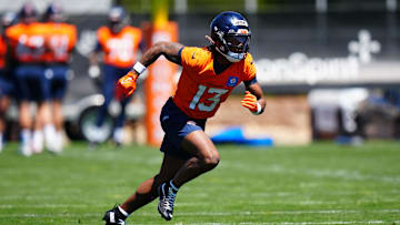 May 10, 2025; Englewood, CO, USA; Denver Broncos wide receiver Pat Bryant (13) during rookie minicamp at Broncos Park Powered by CommonSpirit. Mandatory Credit: Ron Chenoy-Imagn Images