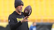 Pittsburgh Steelers quarterback Aaron Rodgers (8) warms up before the game against the Indianapolis Colts at Acrisure Stadium.