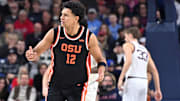 Jan 28, 2025; Spokane, Washington, USA; Oregon State Beavers forward Michael Rataj (12) reacts after a play against the Gonzaga Bulldogs in the second half at McCarthey Athletic Center. Mandatory Credit: James Snook-Imagn Images