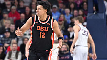 Jan 28, 2025; Spokane, Washington, USA; Oregon State Beavers forward Michael Rataj (12) reacts after a play against the Gonzaga Bulldogs in the second half at McCarthey Athletic Center. Mandatory Credit: James Snook-Imagn Images