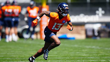 May 10, 2025; Englewood, CO, USA; Denver Broncos wide receiver Pat Bryant (13) during rookie minicamp at Broncos Park Powered by CommonSpirit. Mandatory Credit: Ron Chenoy-Imagn Images