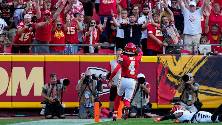 Kansas City Chiefs wide receiver Rashee Rice (4) runs in a deep pass for a touchdown in the second quarter of the NFL Week 2 game between the Kansas City Chiefs and the Cincinnati Bengals at Arrowhead Stadium in Kansas City on Sunday, Sept. 15, 2024. The Bengals led 16-10 at halftime.