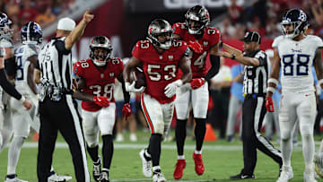 Aug 9, 2025; Tampa, Florida, USA; Tampa Bay Buccaneers linebacker Nick Jackson (53) after intercepting the ball against the Tennessee Titans during the second half at Raymond James Stadium. Mandatory Credit: Kim Klement Neitzel-Imagn Images