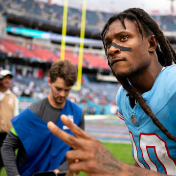 Tennessee Titans wide receiver DeAndre Hopkins (10) celebrates after defeating the Atlanta Falcons at Nissan Stadium in Nashville, Tenn., Sunday, Oct. 29, 2023.