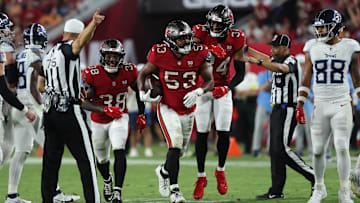 Aug 9, 2025; Tampa, Florida, USA; Tampa Bay Buccaneers linebacker Nick Jackson (53) after intercepting the ball against the Tennessee Titans during the second half at Raymond James Stadium. Mandatory Credit: Kim Klement Neitzel-Imagn Images