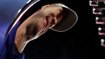 Mississippi Rebels head coach Lane Kiffin is seen reflected in the The Ash Verlander Champions Trophy after the game of the TaxSlayer Gator Bowl Thursday, Jan. 2, 2025 at EverBank Stadium in Jacksonville, Fla. Ole Miss defeated Duke 52-20. [Corey Perrine/Florida Times-Union]