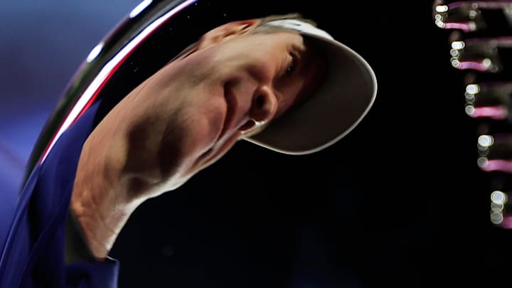 Mississippi Rebels head coach Lane Kiffin is seen reflected in the The Ash Verlander Champions Trophy after the game of the TaxSlayer Gator Bowl Thursday, Jan. 2, 2025 at EverBank Stadium in Jacksonville, Fla. Ole Miss defeated Duke 52-20. [Corey Perrine/Florida Times-Union]