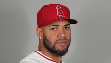 Los Angeles Angels third base Yoan Moncada (5) poses during photo day on Feb. 19.