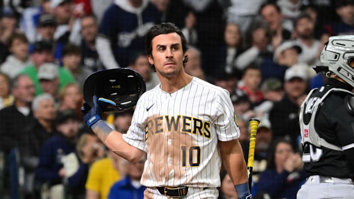 Mar 29, 2026; Milwaukee, Wisconsin, USA; Milwaukee Brewers right fielder Sal Frelick (10) reacts after striking out in the seventh inning against the Chicago White Sox at American Family Field. Mandatory Credit: Benny Sieu-Imagn Images