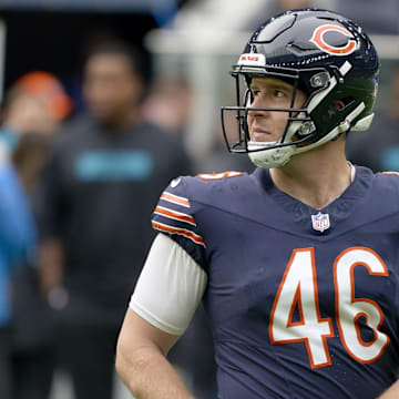 Oct 13, 2024; London, United Kingdom; Chicago Bears long snapper Scott Daly (46) looks down the field during an NFL International Series game at Tottenham Hotspur Stadium. 