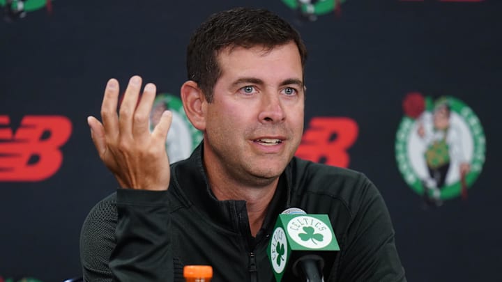 Sep 29, 2025; Boston, MA, USA; Boston Celtics president of basketball operations Brad Stevens talks to reporters during media day at the Auerbach Center. Mandatory Credit: David Butler II-Imagn Images