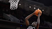 Mar 24, 2025; Los Angeles, California, USA; Mississippi State Bulldogs center Madina Okot (15) grabs a rebound past USC Trojans center Rayah Marshall (13) during an NCAA Tournament second round game at Galen Center. Mandatory Credit: Robert Hanashiro-Imagn Images
