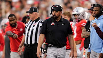 Ohio State Buckeyes head coach Ryan Day watches during the first half of the NCAA football game against the Ohio Bobcats at Ohio Stadium on Sept. 13, 2025.