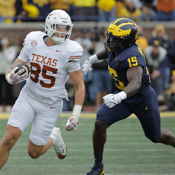 Sep 7, 2024; Ann Arbor, Michigan, USA; Texas Longhorns tight end Gunnar Helm (85) runs the ball in the first half against the Michigan Wolverines at Michigan Stadium. Mandatory Credit: Rick Osentoski-Imagn Images