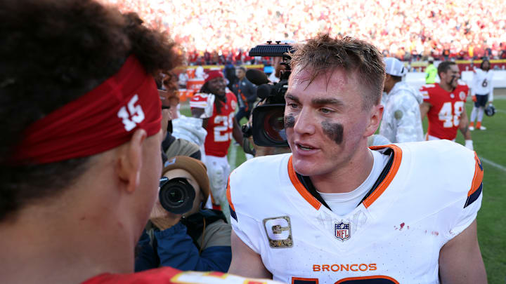 Patrick Mahomes and Bo Nix following the Chiefs 16-14 win over Denver in Week 10 of the 2024 season.