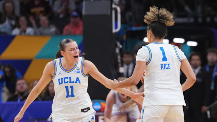 Apr 3, 2026; Phoenix, AZ, USA; UCLA Bruins forward Gabriela Jaquez (11) high fives guard Kiki Rice (1) after a shot against the Texas Longhorns during the second half of a semifinal of the Final Four of the women's 2026 NCAA Tournament at Mortgage Matchup Center. Mandatory Credit: Joe Camporeale-Imagn Images
