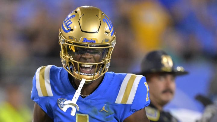 Sep 2, 2023; Pasadena, California, USA;  UCLA Bruins wide receiver J. Michael Sturdivant (1) celebrates after a completion on a long pass from quarterback Dante Moore (3) in the first half against the Coastal Carolina Chanticleers at Rose Bowl. Mandatory Credit: Jayne Kamin-Oncea-USA TODAY Sports