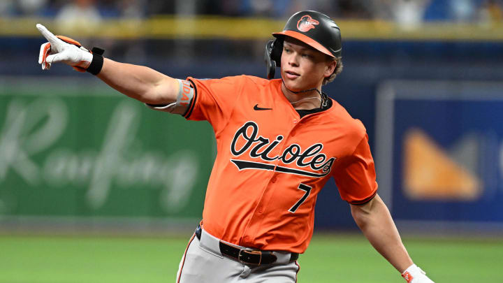 Baltimore Orioles second baseman Jackson Holliday (7) celebrates after hitting a solo home run in the second inning against the Tampa Bay Rays at Tropicana Field on Aug 10.