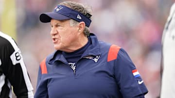 Jan 1, 2023; Foxborough, Massachusetts, USA; New England Patriots head coach Bill Belichick watches from the sideline as they take on the Miami Dolphins at Gillette Stadium.