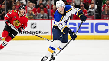 Sep 28, 2023; Chicago, Illinois, USA;  St. Louis Blues defenseman Hunter Skinner (83) skates against the Chicago Blackhawks at United Center. Mandatory Credit: Jamie Sabau-Imagn Images