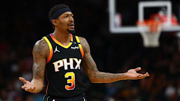 Apr 9, 2025; Phoenix, Arizona, USA; Phoenix Suns guard Bradley Beal (3) reacts against the Oklahoma City Thunderduring the first half at Footprint Center. Mandatory Credit: Mark J. Rebilas-Imagn Images