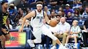 Oct 10, 2024; Dallas, Texas, USA;  Dallas Mavericks guard Klay Thompson (31) dribbles during the first half against the Utah Jazz at American Airlines Center. Mandatory Credit: Kevin Jairaj-Imagn Images
