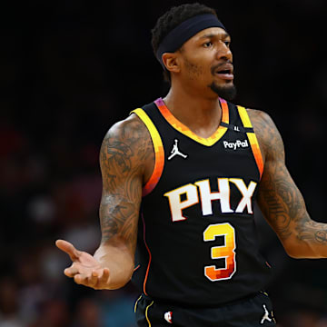 Apr 9, 2025; Phoenix, Arizona, USA; Phoenix Suns guard Bradley Beal (3) reacts against the Oklahoma City Thunderduring the first half at Footprint Center. Mandatory Credit: Mark J. Rebilas-Imagn Images