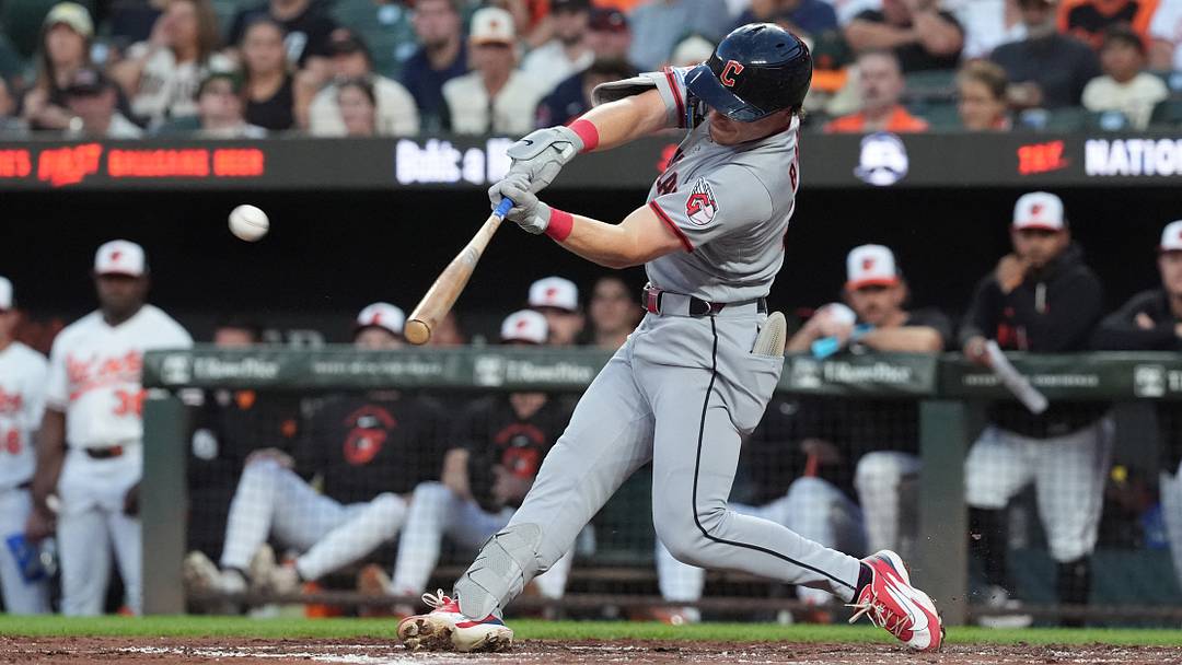 Sep 8, 2026; Baltimore, Maryland, USA;  Cleveland Guardians second baseman Travis Bazzana (37) hits a three run home run against the Baltimore Orioles during the second inning at Oriole Park at Camden Yards.  Mandatory Credit: Gregory Fisher-Imagn Images
