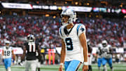 Nov 16, 2025; Atlanta, Georgia, USA; Carolina Panthers quarterback Bryce Young (9) reacts to a touchdown in the fourth quarter against the Atlanta Falcons at Mercedes-Benz Stadium. Mandatory Credit: Brett Davis-Imagn Images
