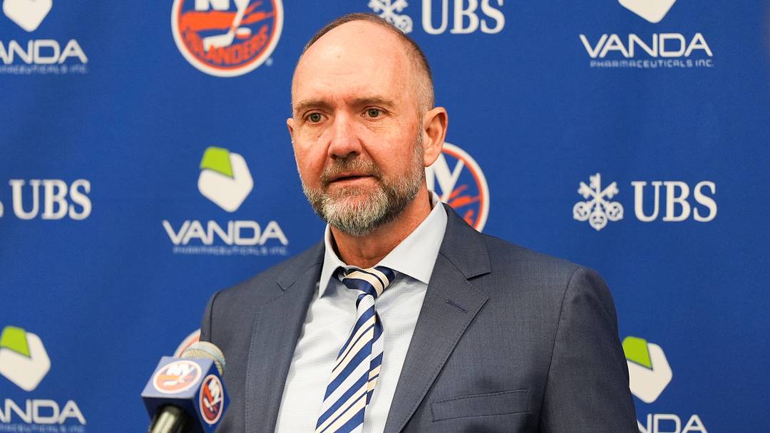 Apr 11, 2026; Elmont, New York, USA; New York Islanders head coach Peter DeBoer speaks to the media after their game against the Ottawa Senators at UBS Arena. Mandatory Credit: Alexander Wohl-Imagn Images
