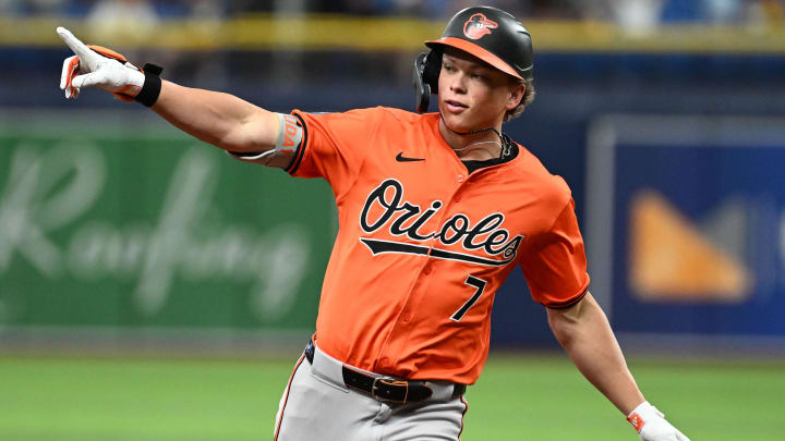 Aug 10, 2024; St. Petersburg, Florida, USA; Baltimore Orioles second baseman Jackson Holliday (7) celebrates after hitting a solo home run in the second inning against the Tampa Bay Rays at Tropicana Field.