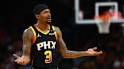 Apr 9, 2025; Phoenix, Arizona, USA; Phoenix Suns guard Bradley Beal (3) reacts against the Oklahoma City Thunderduring the first half at Footprint Center. Mandatory Credit: Mark J. Rebilas-Imagn Images